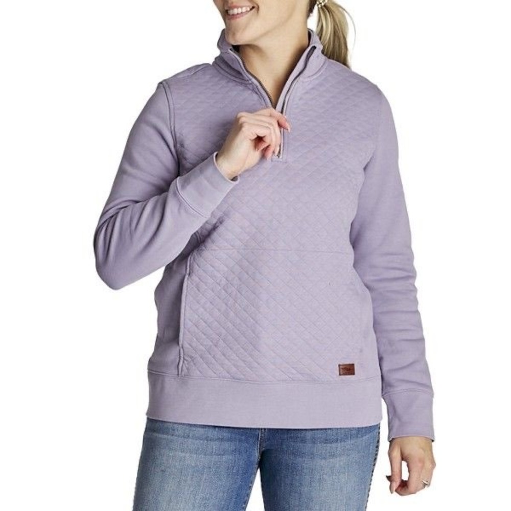 LL Bean Quilted Pullover Sweatshirt‎ XL Petite Purple Gray Lavender Quarter Zip